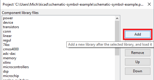 Screenshot of the component libraries options window, showing a list of available libraries, and the 'Add' button on the right highlighted. The tooltip for the 'Add' button reads 'Add a new library after the selected library, and load it'